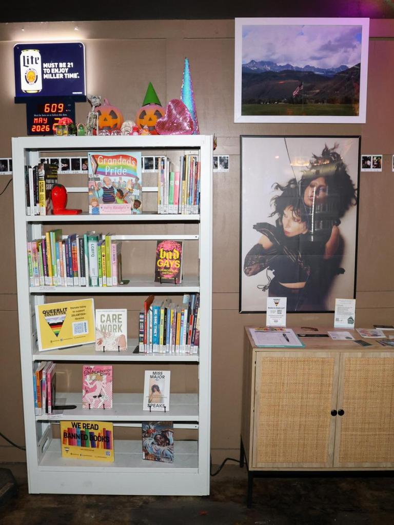 YBR Pub offers two bookshelves with books available to borrow courtesy of Queer Lit Collective. Bar patrons proudly assembled the book shelves. 