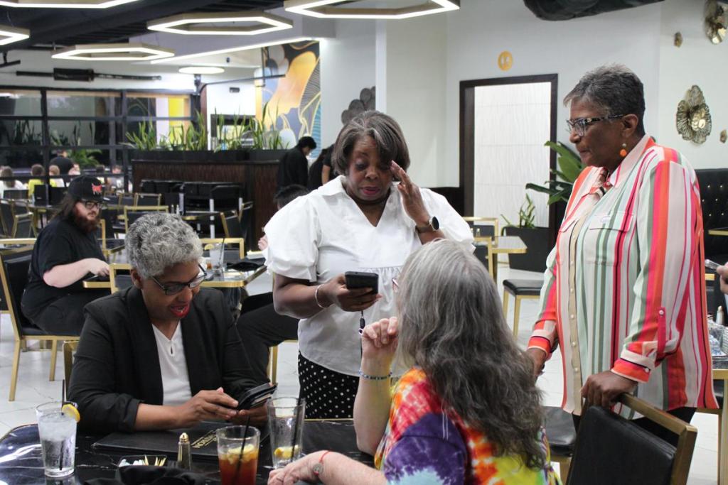 Left to right: Oklahoma State Senator Regina Goodwin, former state chair of the Democratic Party Alicia Andrews and Democratic candidate for state superintendent Jennettie Marshall watch votes roll in at El Patron Cocina Mexicana Tuesday, June 16, 2026. Marshall won with a margin of 26,000 votes and will progress to the primary election in November.