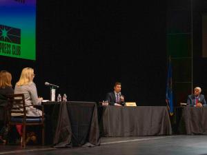 State Sen. Adam Pugh, R-Edmond, explains a point while Robert Franklin looks on during a question-and-answer session for State Superintendent of Education candidates at the University of Tulsa on June 4, 2026.
