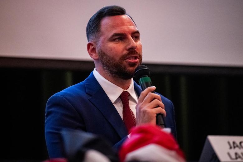 Jackson Lahmeyer speaks during a Republican candidate forum at Northeastern State University Broken Arrow on Monday, May 11, 2026.