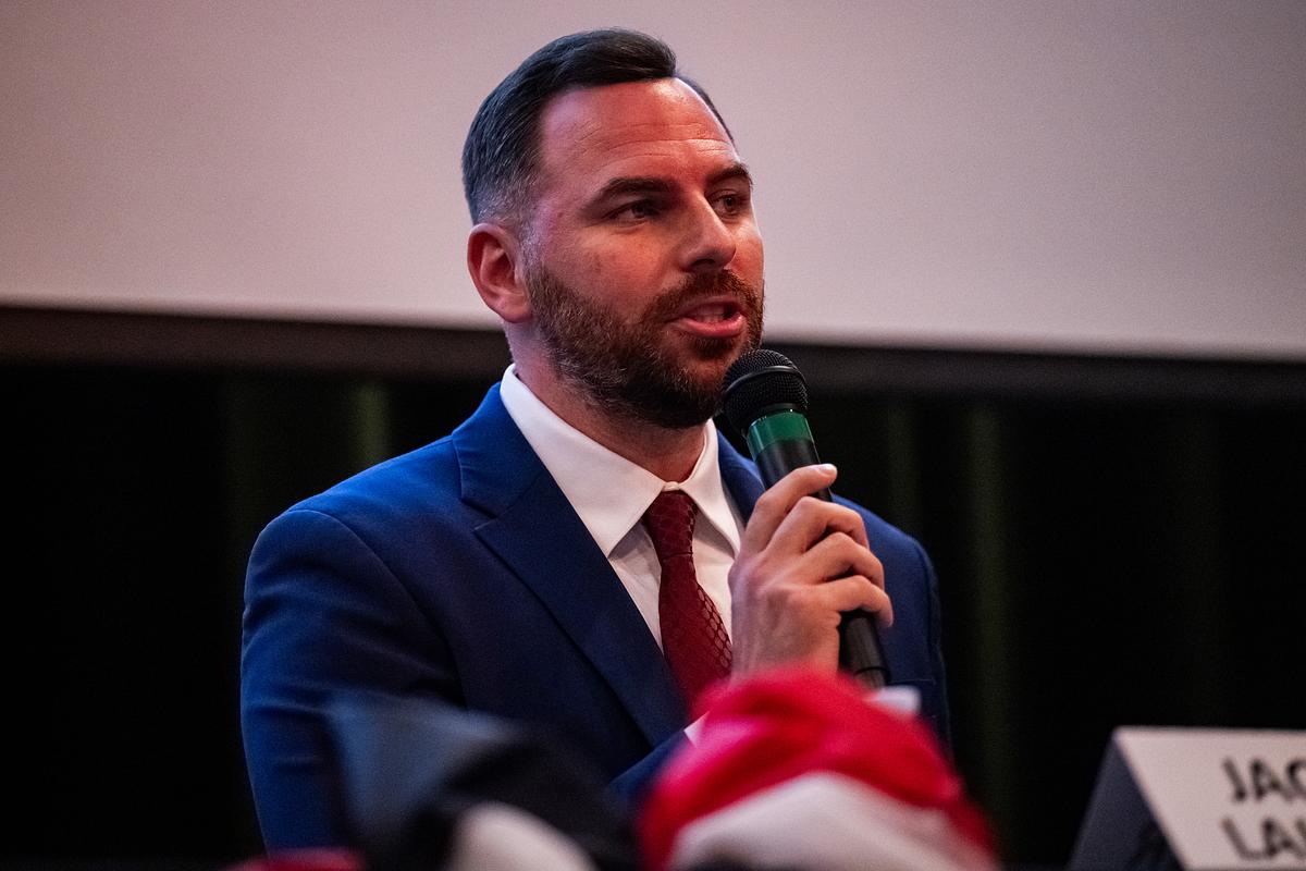 Jackson Lahmeyer speaks during a Republican candidate forum at Northeastern State University Broken Arrow on Monday, May 11, 2026.