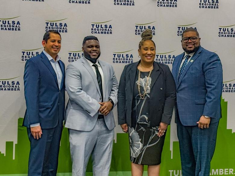 L-R: Rodrigo Rojas from Tulsa Area Hispanic Chamber of Commerce; Tyrance Billingsley II, founder of Black Tech Street; Tawanna A. Black, founder of Center for Economic Inclusion and Living Truth Enterprises, Inc.; and Jonathan Long, Tulsa Regional Chamber at the chamber's State of Inclusion event on June 25, 2026.