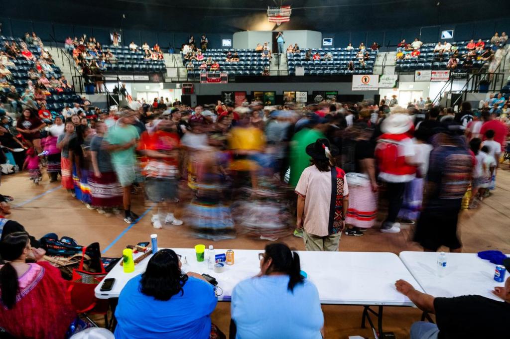 Attendees participate in the stomp dance during the Muscogee Nation Festival in Okmulgee on Thursday, June 25, 2026.