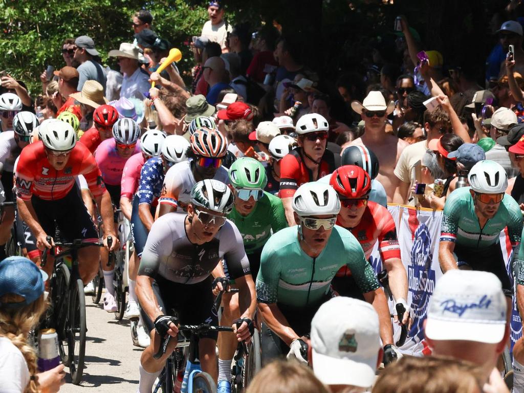 Cyclists competing in Tulsa Tough are pictured at Cry Baby Hill on June 8, 2025.