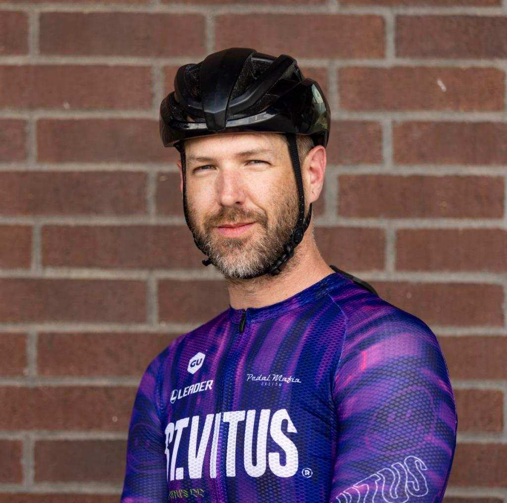 Aaron Post, outside of Maestro in downtown Tulsa, preps for a ride with St. Vitus CC June 2, 2026.