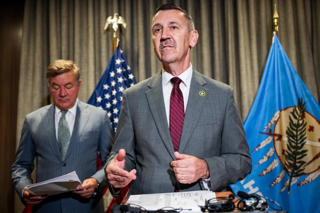Tulsa County District Attorney Steve Kunzweiler speaks during a press conference about charges filed against three individuals accused of stealing nearly $780,000 from Tulsa Public Schools at the Tulsa County Headquarters on Thursday, June 4, 2026.