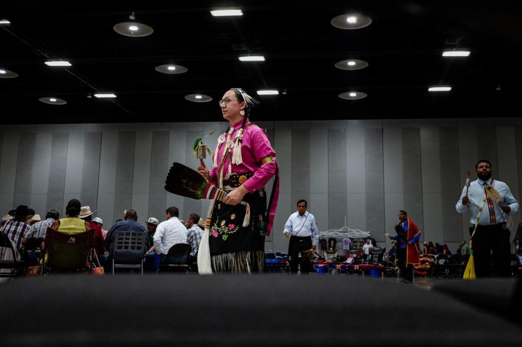 Gourd dancers dance during the 74th annual Tulsa Powwow at the Avest Convention Center Saturday, July 25, 2026.