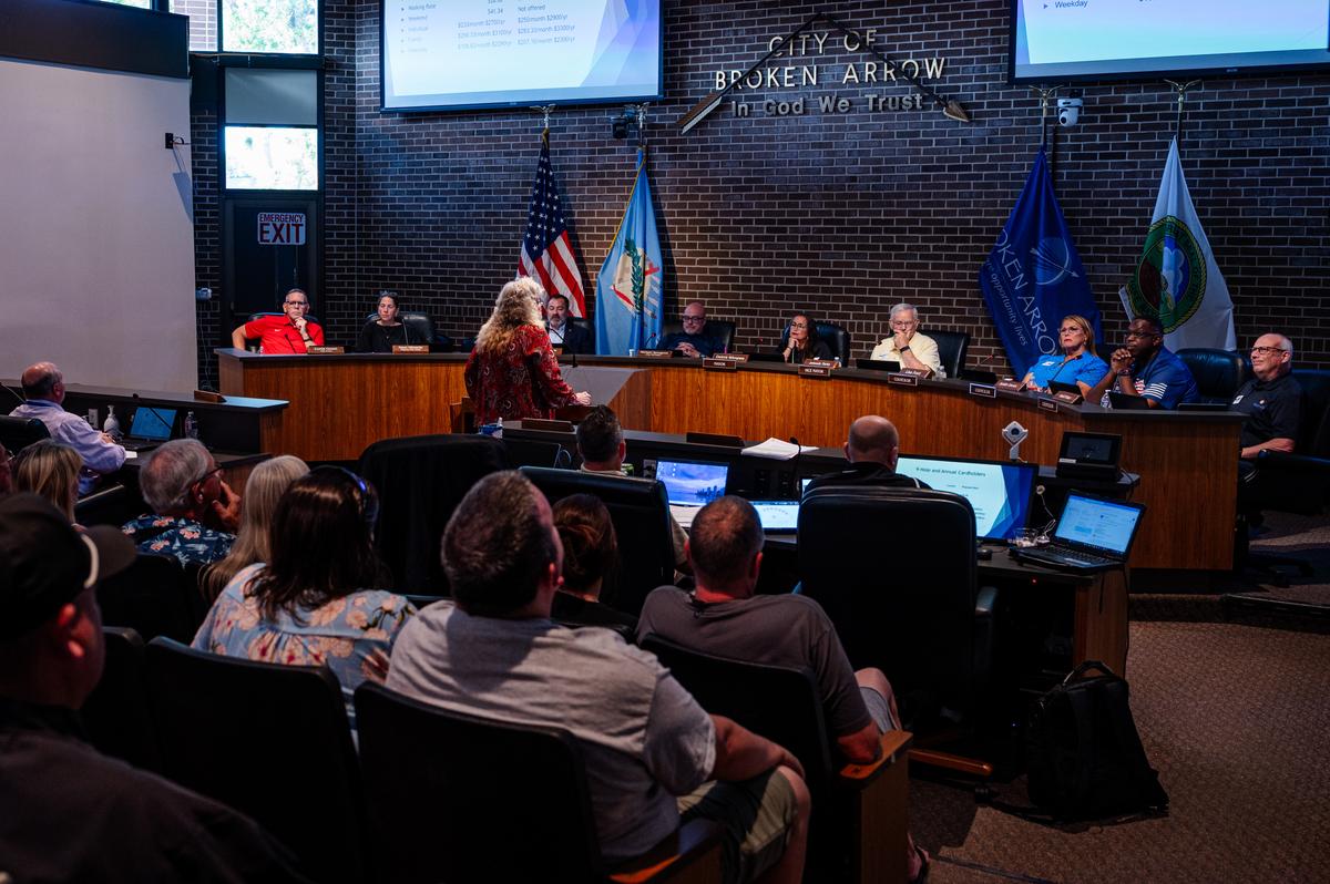 Broken Arrow City Councilors listen during a July 14, 2026, meeting at City Hall.