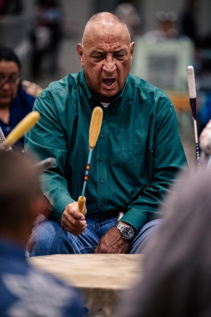 Head singer George Valliere sings during the gourd dance during the 74th annual Tulsa Powwow at the Avest Convention Center Saturday, July 25, 2026.