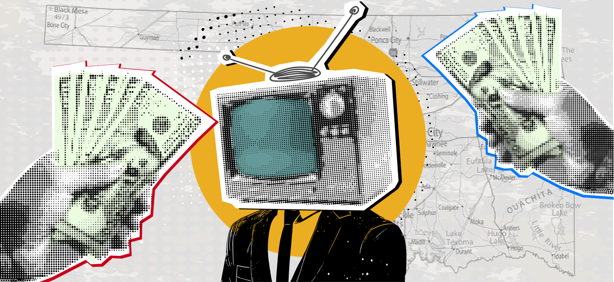 money being handed to political candidate with TV for head