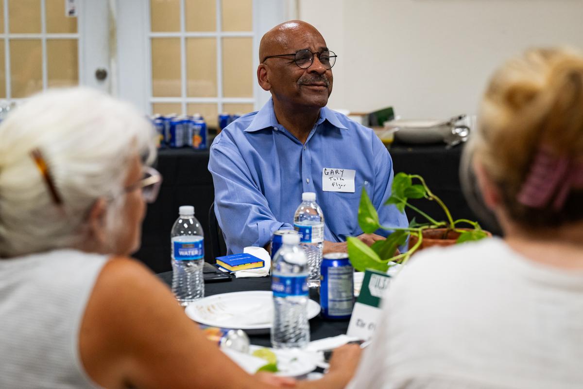 Gary Lee, Tulsa Flyer executive editor listens during a round table discussion during the Ven a La Mesa community event at Plaza Santa Cecilia Indoor Mall on Tuesday, June 2, 2026.
