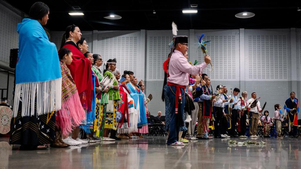 Gourd dancers dance during the 74th annual Tulsa Powwow at the Avest Convention Center Saturday, July 25, 2026.