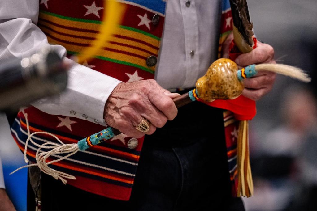 Gourd dancers dance during the 74th annual Tulsa Powwow at the Avest Convention Center  Saturday, July 25, 2026.