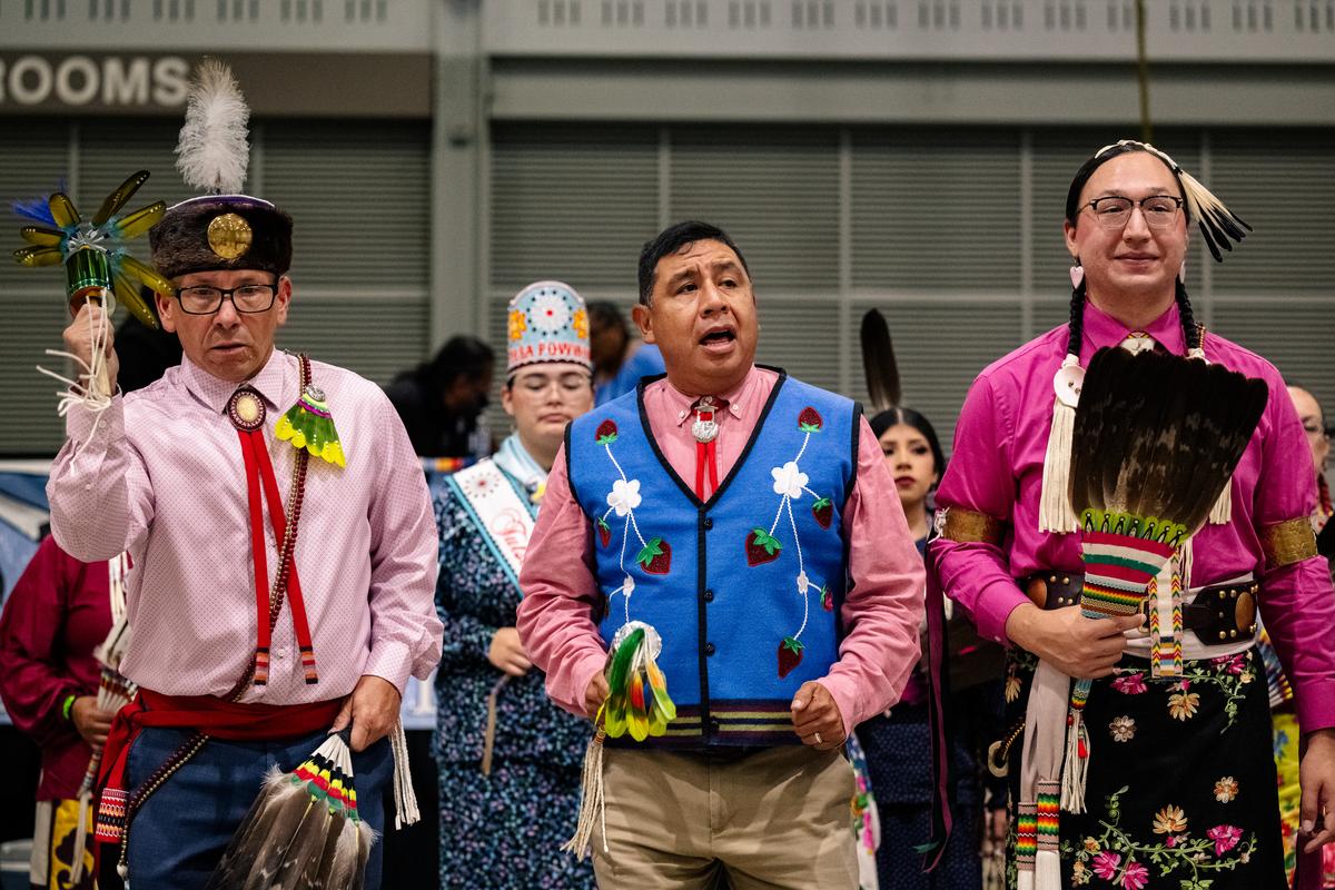 Gourd dancers dance during the 74th annual Tulsa Powwow at the Avest Convention Center Saturday, July 25, 2026.