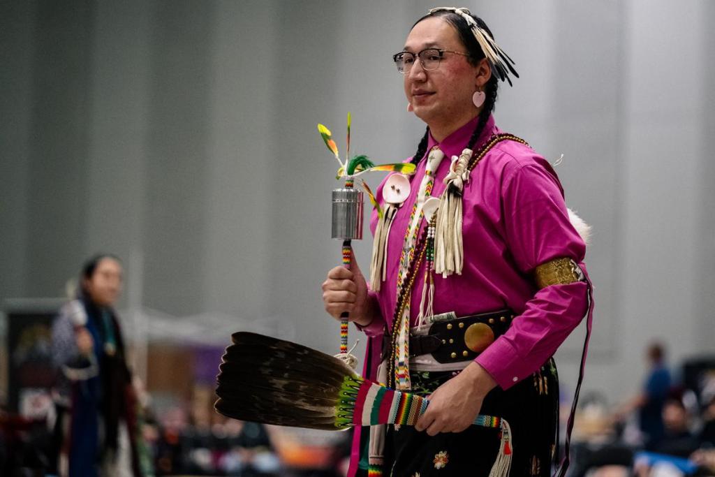 Gourd dancers dance during the 74th annual Tulsa Powwow at the Avest Convention Center Saturday, July 25, 2026.