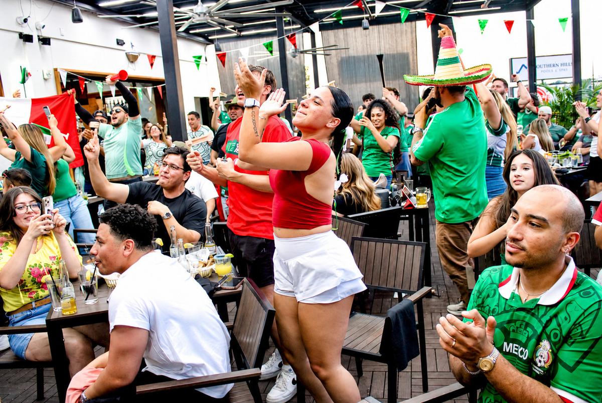 Soccer fans watch the Mexico-England World Cup match at Tulsa's El Patron Cocina Mexicana on Sunday, July 5, 2026.