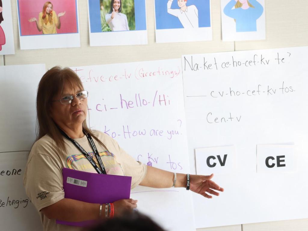 Carolyn McNac teaches during a Mvskoke language class. The tribe offers language courses throughout the reservation.