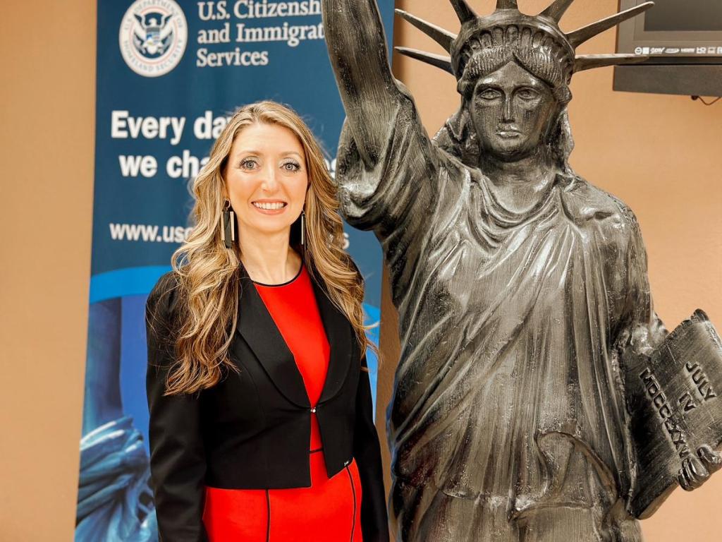 Ceitci Demirkova stands for a photo on the day of her naturalization ceremony. Demirkova immigrated to the U.S. from Bulgaria when she was 19 years old.
