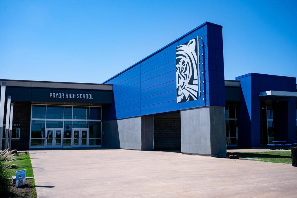 Pryor High School is photographed in Pryor on Tuesday, July 7, 2026.