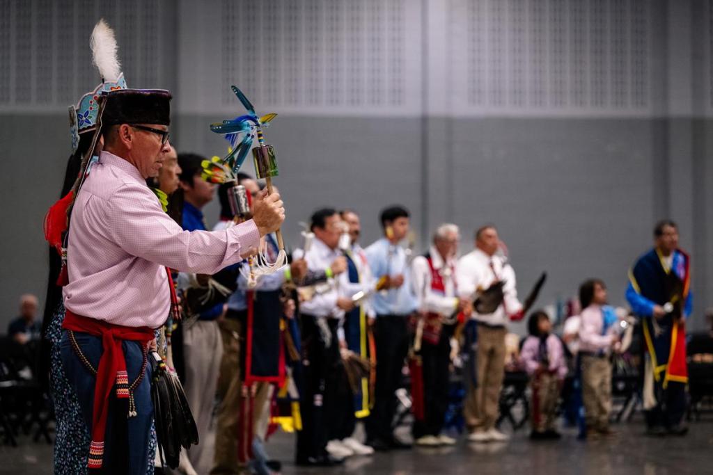 Gourd dancers dance during the 74th annual Tulsa Powwow at the Avest Convention Center Saturday, July 25, 2026.