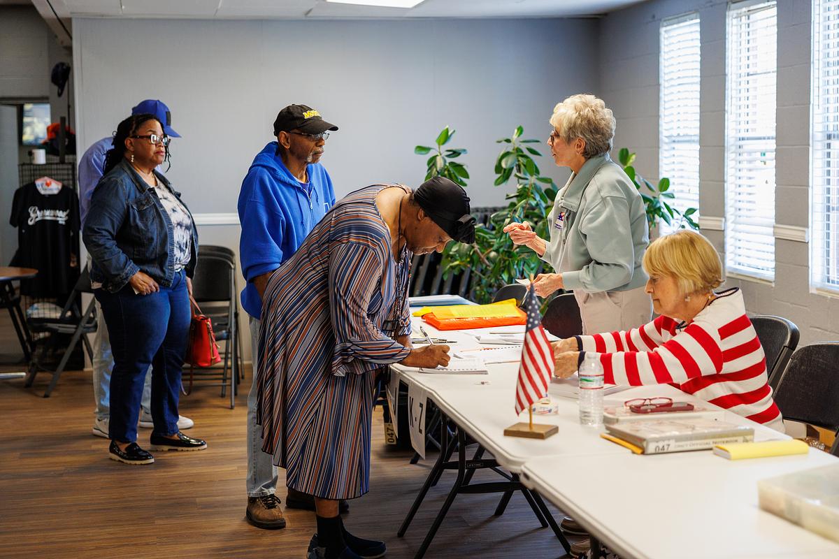 Voters wait in line to cast their ballots at a polling station in Tulsa, Oklahoma at Vernon AME Church on Tuesday, April 7, 2026.