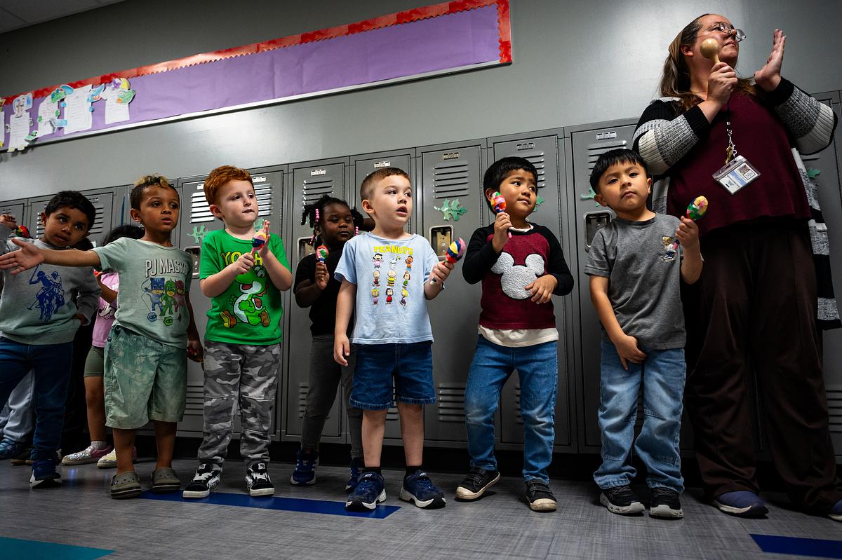 Younger students at Dolores Huerta elementary school cheer on the older students during a testing parade on Friday, April 10, 2026.