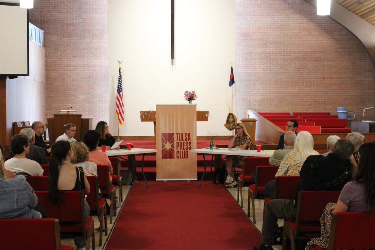 Tulsa City Council District 5 candidates Karen Gilbert and Adam Burnett participate in a July 27, 2026, candidate forum co-hosted by the Tulsa Press Club, Tulsa World and Tulsa Flyer at Aldersgate United Methodist Church.
