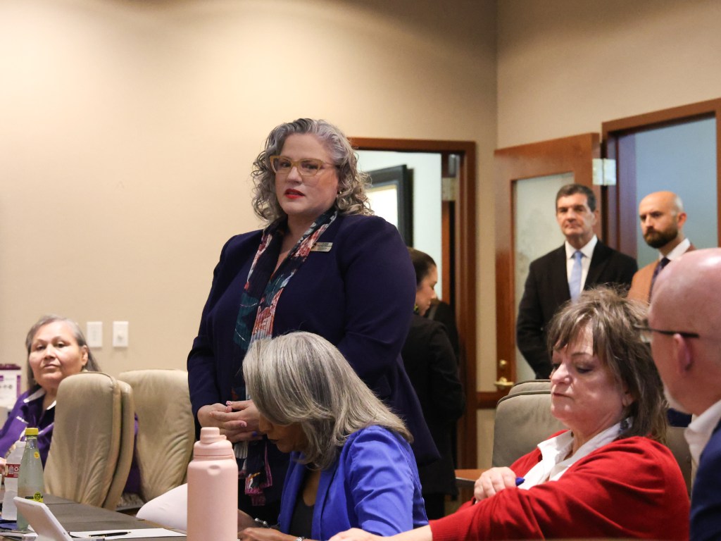Tulsa City Councilor Lori Decter Wright speaks during an Aug. 22, 2025, meeting with the Muscogee Nation Tribal Council at Council Oak Comprehensive Health Care.