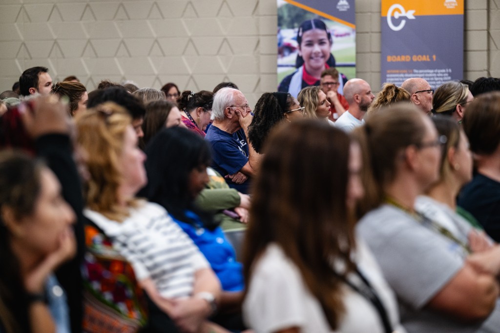 Community members pack a Sept. 21, 2026, Tulsa Public Schools board meeting to hear about proposed campus closures.