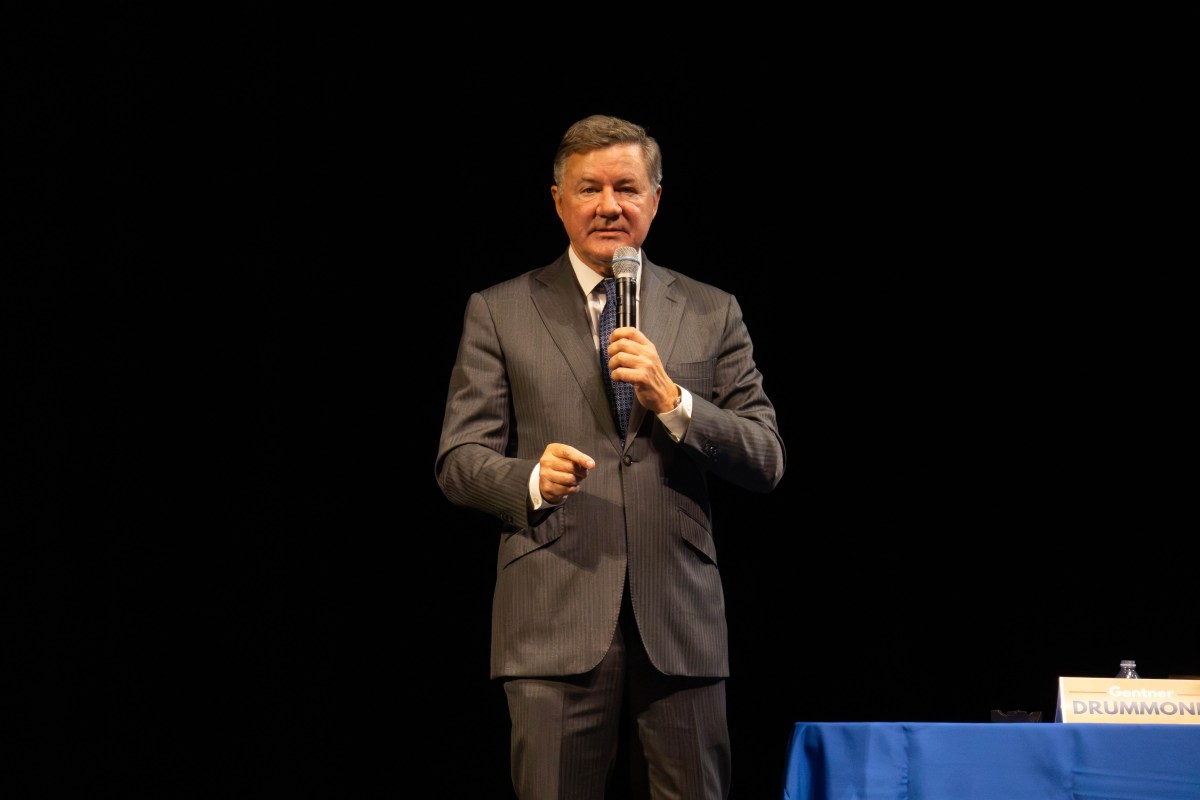 Attorney General Gentner Drummond spoke to voters at an Aug. 12, 2026, Tulsa Press Club forum ahead of the Republican runoff for governor.