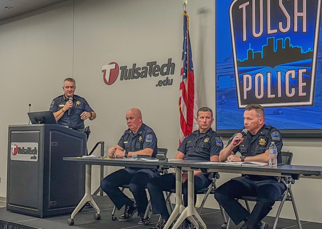 Tulsa Police Chief Jonathan Brooks, Capt. Shane Tuell, Deputy Chief of Operations Mark Wollmershauser Jr. and Maj. Ryan Perkins host a community conversation on Flock Safety on Monday, Oct. 19, 2026.