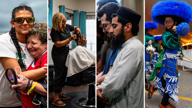 From left to right: Elizabeth Maccoy hugs Angela Moore at Eden Village of Tulsa; Tonya Johnson styles Joyce Lowe's hair at Nu Xpressions; members of Islamic Society of Tulsa attend a packed Friday prayer service; Danza Santa Maria performs at the Virgen De Guadalupe celebration.