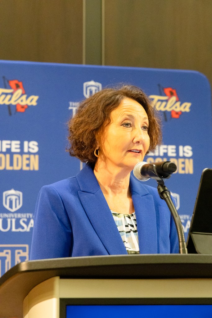 Stacy Leeds speaks during her introduction as The University of Tulsa's new president on March 11, 2026. Leeds, a Cherokee Nation citizen, is the first woman to lead the private university.