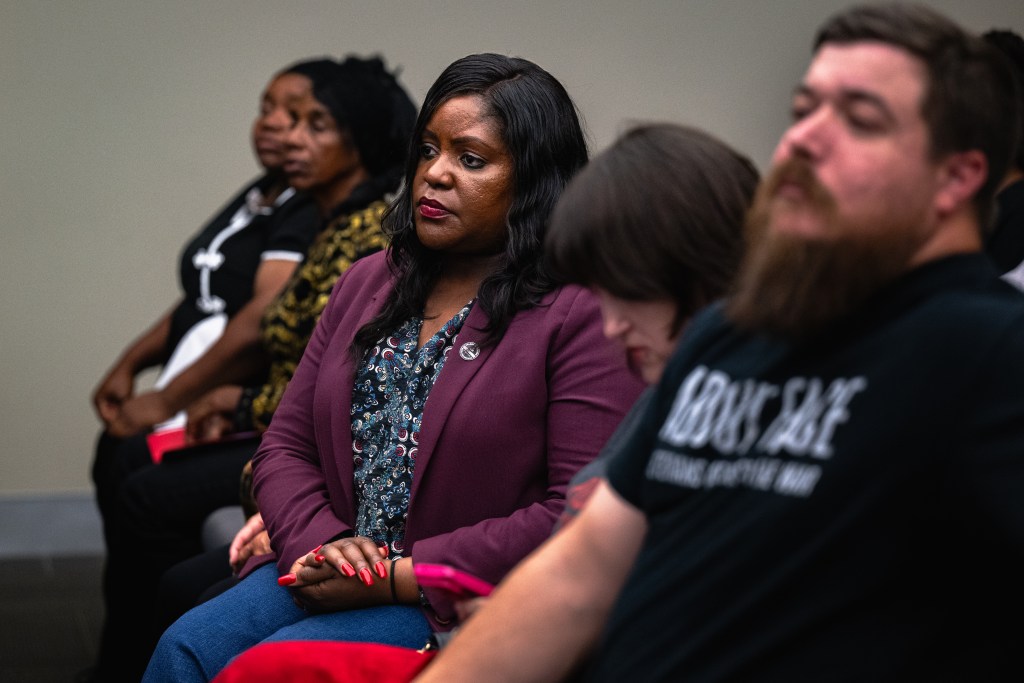 Tiffany Crutcher, founder of the Terence Crutcher Foundation, listens during an Oct. 14, 2026, Tulsa City Council. The council voted 4-4 on an independent oversight office for public safety, killing the proposal.