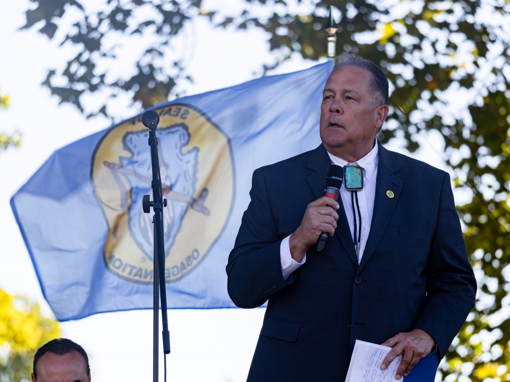 Osage Nation Principal Chief Joe Tillman speaks during Tulsa Native American Day at Dream Keepers Park on Oct. 12, 2026.