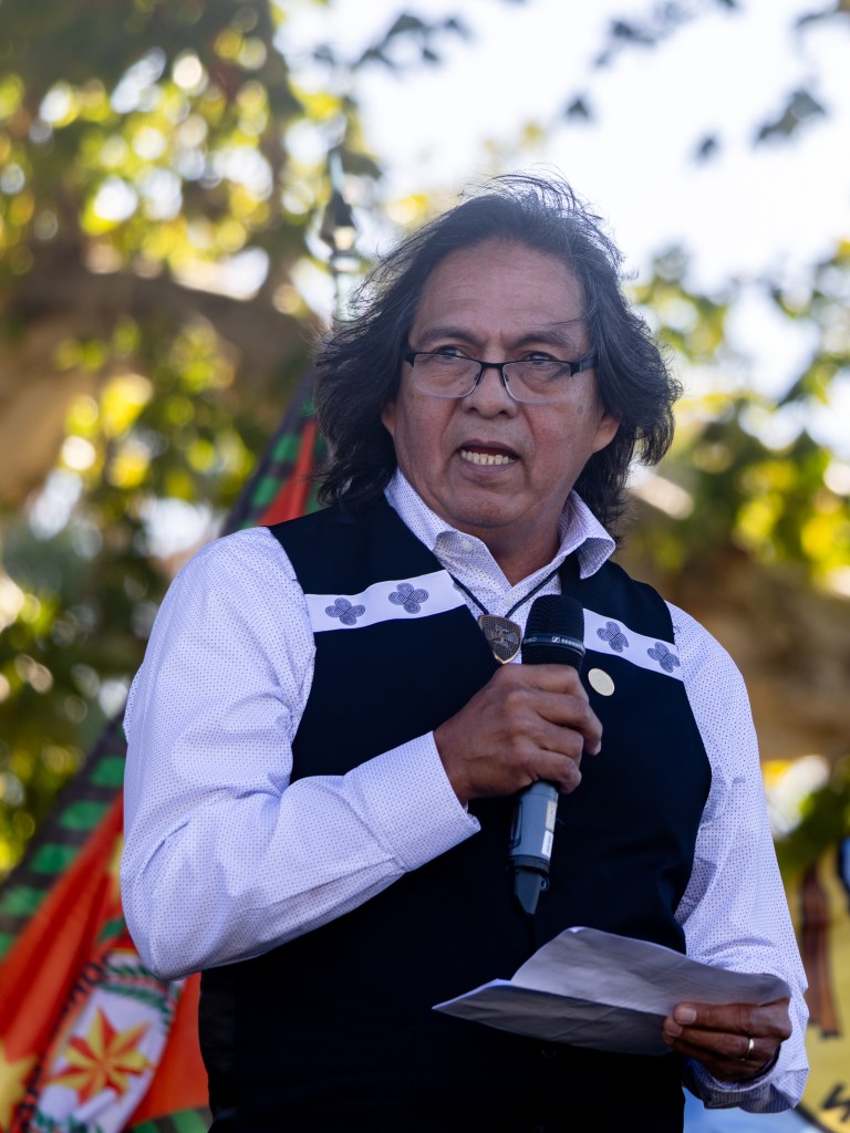 Muscogee Nation Principal Chief David Hill speaks during Tulsa Native American Day at Dream Keepers Park on Oct. 12, 2026.