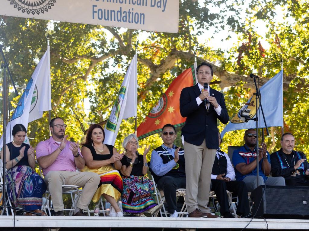 Cherokee Nation Principal Chief Chuck Hoskin Jr. speaks during Tulsa Native American Day at Dream Keepers Park on Oct. 12, 2026.