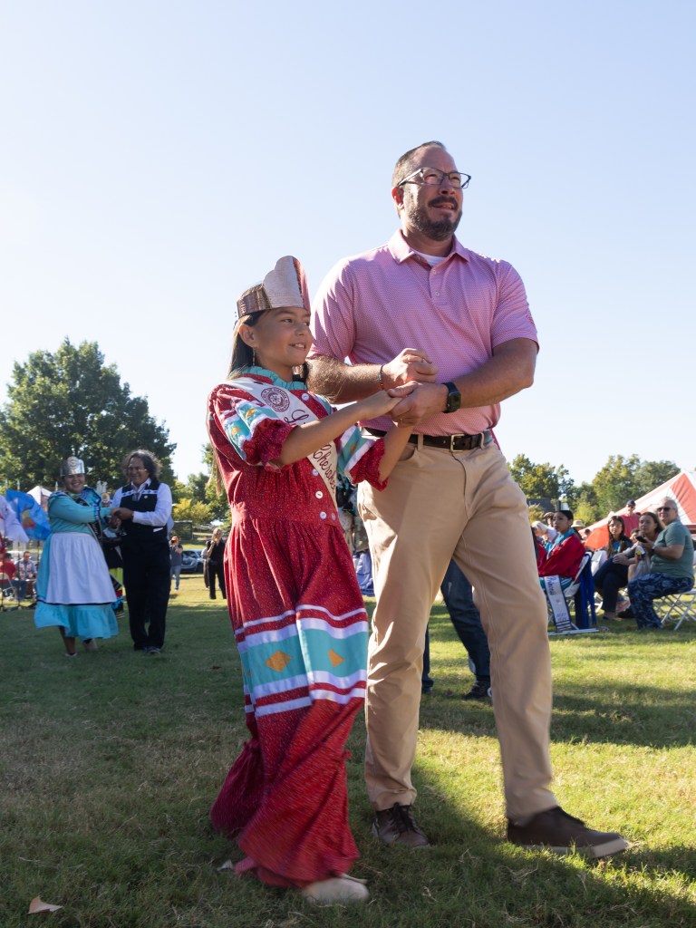 Cherokee Nation Deputy Principal Chief Bryan Warner takes part in a dance during Tulsa Native American Day at Dream Keepers Park on Oct. 12, 2026.