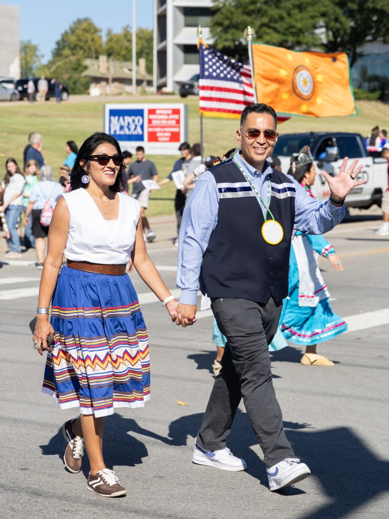 Second Chief of the Muscogee Nation Del Beaver and wife Rhonda walk in the 10th annual Tulsa Native American Day Parade in the SOBO District on Oct. 12, 2026.